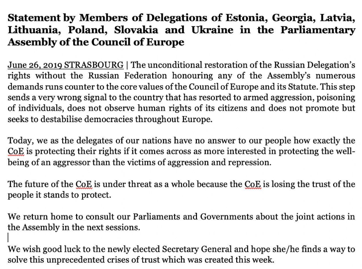 Russia returns to CoE– “When the next time Putin will kill, blood will be also on your hands” statement_protest_Russia_returns_coe