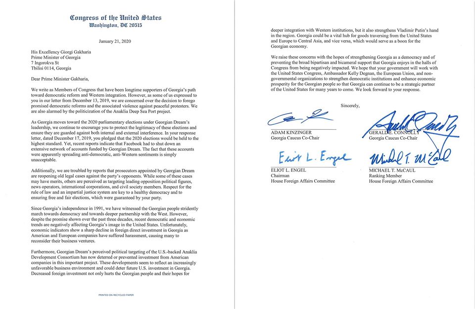 4 US congressmen's letter to Georgian PM published geotv.ge
